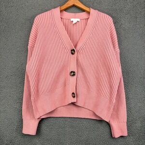 HM Womens Ribbed Knit V-Neck Button Front Cardigan Sweater Pink Size L Large